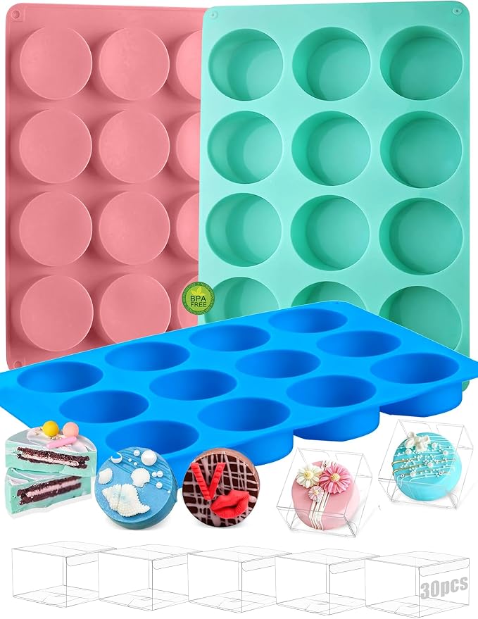 3 Pcs Round Chocolate Cookie Molds Set,12-Cavity Silicone Mold with 30 Clear Treat Boxes, Round Baking Mold for Candy, Mini Cake, Individually Wrapped Cakesicle Party Favor Packaging by keliwa
