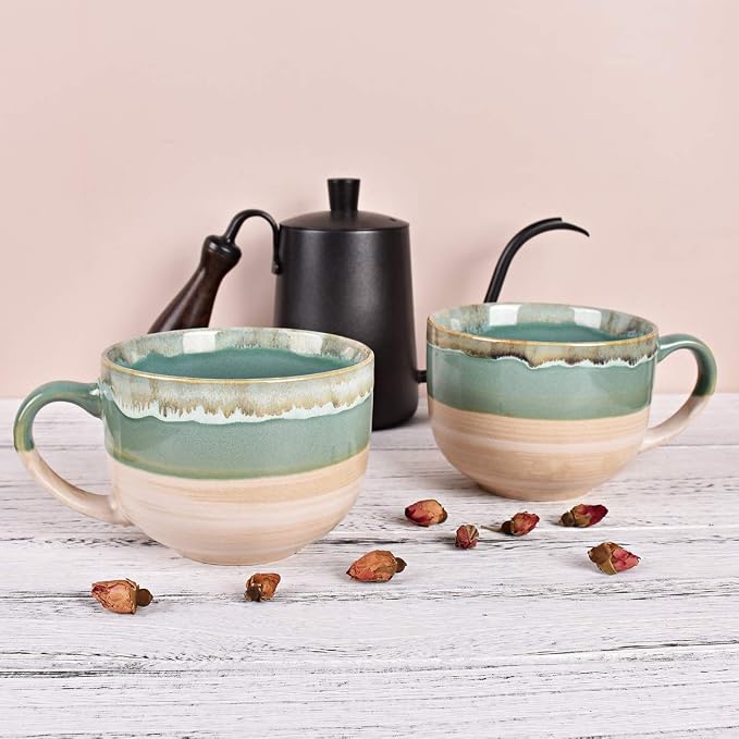 Bosmarlin Large Ceramic Coffee Mug Set of 2, Stoneware Jumbo Latte Mugs for Office and Home, 16 Oz, Dishwasher and Microwave Safe(Green, 2) - Image 4