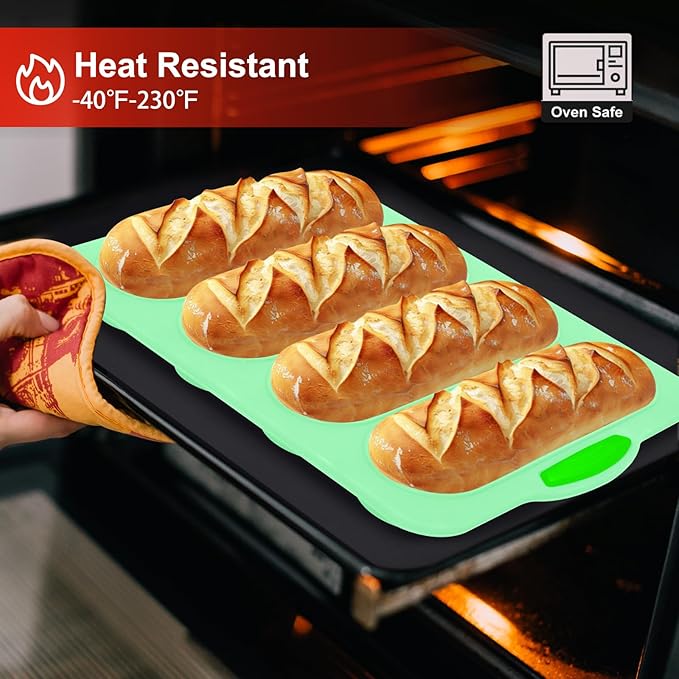 Silicone Bread Loaf Pan, 4-cavity Non-Stick Baguette Bread Pan Heat Resistant Hot Dog Bun Mold, for Sub Roll Baking Pan Bread Pans for Homemade Bread（Aqua Green）