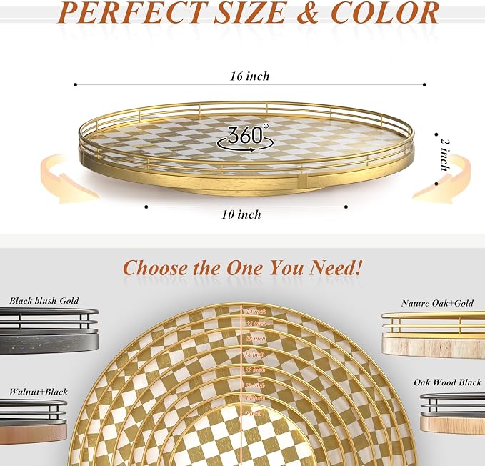 AMH 16-Inch Gold and White Checkerboard Lazy Susan with Rubberwood Base | Smooth rotating oak tray with walnut finish for dining tables, kitchen counters, pantries and cabinet storage. - Image 6