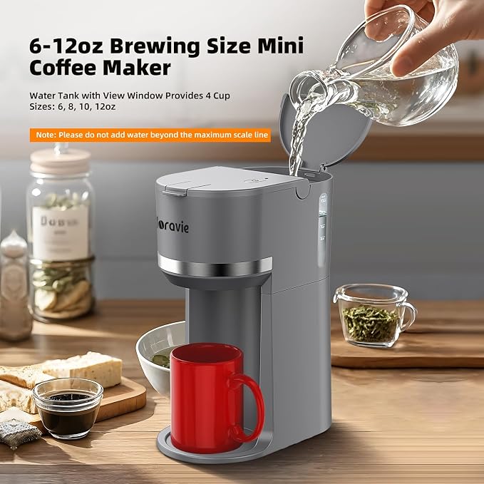 Horavie Mini Single Serve Coffee Maker for K Cup Pods and Grounds, Fast Brew One Cup Coffee Machine with Descaling Reminder and Water Window, 6 to 12 oz. Brew Sizes, Gray - Image 5