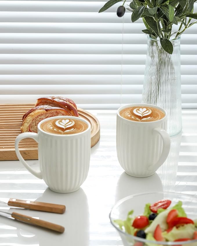 HASENSE Ceramic Coffee Mugs Set of 6, 16 Oz Large Ribbed Coffee Cups with Big Handle, Unique Modern Style White Latte Mugs for Tea,Cocoa,Milk,Cappuccino, Microwave & Dishwasher Safe - Image 2