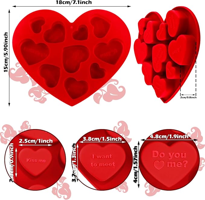 Patelai 4 Pieces Conversation Heart Molds Mixed Size 40 Holes Valentine's Day Heart Shaped Silicone Molds Non Stick for Chocolate Fondant Jelly Pudding Dessert Baking Candy(Red, Pink) - Image 2