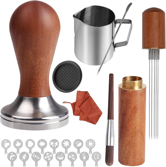 23 PCS Espresso Tamper Set,Coffee Accessories Kit Barista Kit,with 51mm Espresso Tamper,WDT Tool,Frothing Pitcher,Tamper Mat,Barista Towel,Coffee Brush,Latte Art Pen and Decorative Stencils