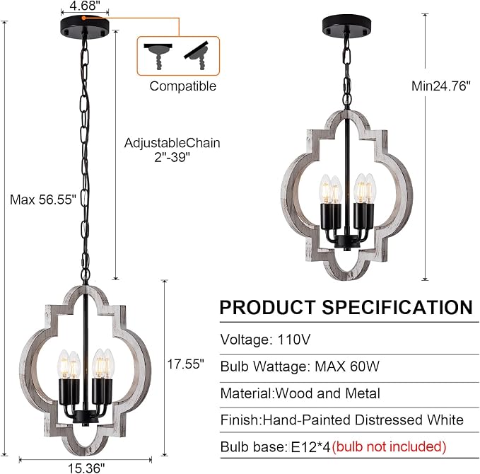 4-Light 15" Farmhouse Orb Chandelier Rustic Handmade Distressed White Wood Hanging Ceiling Pendant Light Fixture Wood Lantern Chandeliers for Dining Room Kitchen Bedroom Foyer Hallway - Image 2