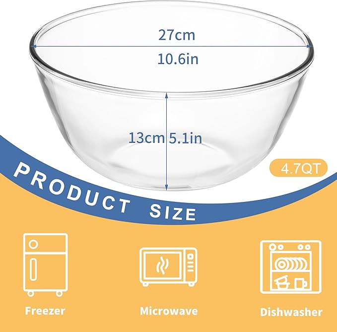 4.7Qt Large Glass Mixing Bowls, Clear Large Salad Bowls,Thick Glass Big Mixing Bowls Salad Bowls Cooking Bowl for Kitchen Prepping Baking Serving, Fruit,Candy, Dishwasher Safe, Borosilicate Glass