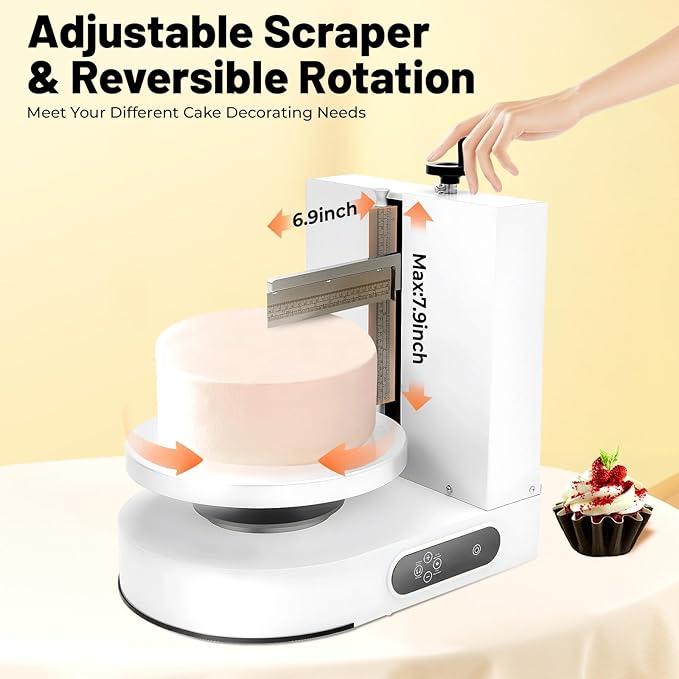 Cake Decorating Turntable, Cake Decorating Machine Cake Cream Spreading Coating Smearing Automatic Cake Frosting Machine with Adjustable Scraper for 4" to 12" Cake, 60-320RPM Rotating Speed