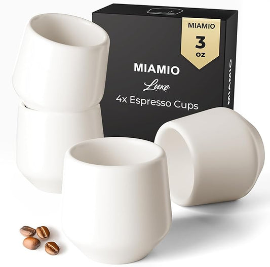 MIAMIO - Espresso Cups Set of 4 (3 oz) / Espresso Cup, Ceramic Espresso Cups, Handleless Mug, Japanese Tea Cups - Luxe Collection (White)
