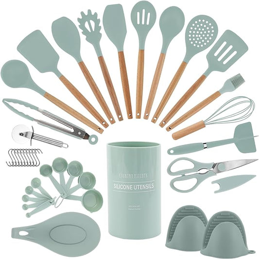 Country Kitchen Non Stick Silicone Utensil Set with Rounded Wood Handles for Cooking and Baking, 38 Piece Set, Mint by CountryKitchen