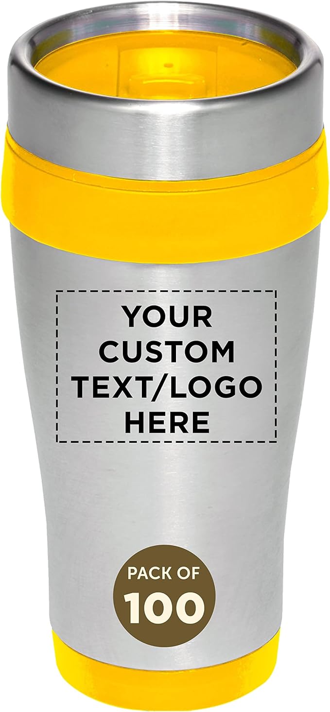 Custom Insulated Stainless Steel Travel Mugs 16 oz. Set of 100, Personalized Bulk Pack - Perfect for Coffee, Soda, Other Hot & Cold Beverages - Yellow