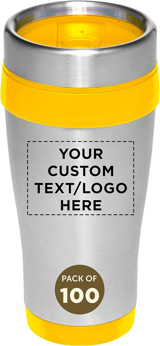 Custom Insulated Stainless Steel Travel Mugs 16 oz. Set of 100, Personalized Bulk Pack - Perfect for Coffee, Soda, Other Hot & Cold Beverages - Yellow