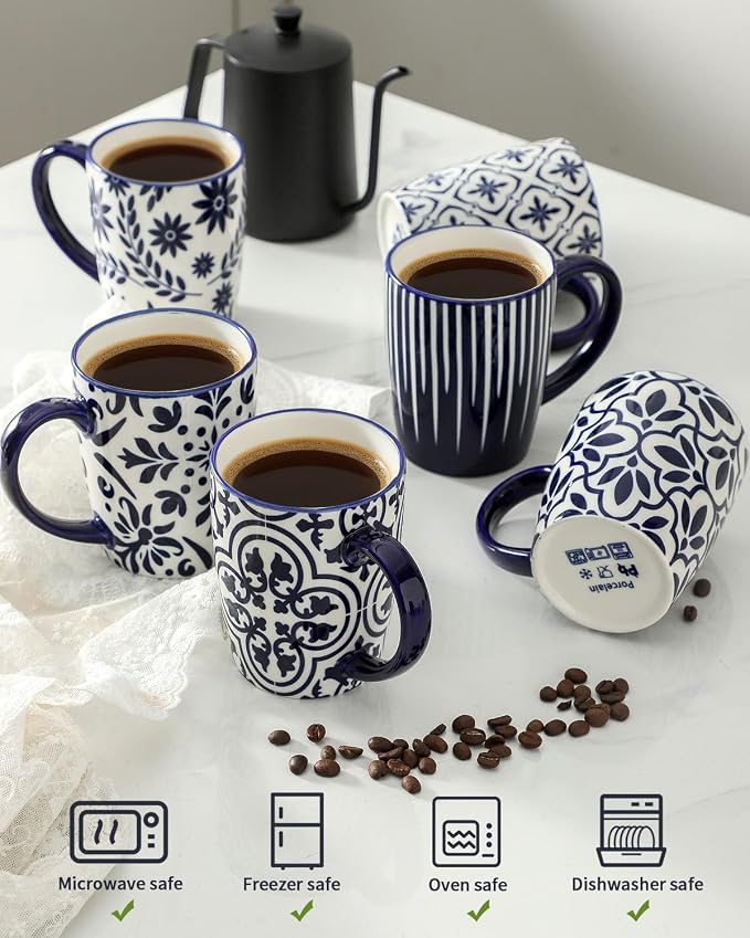 HASENSE Coffee Mugs Set of 6, 16OZ Ceramic Coffee Mugs with Blue and White Floral Patterns, Elegant Large Coffee Cups for Coffee, Tea, Latte & Cappuccino, Microwave & Dishwasher Safe, Vintage Blue - Image 3