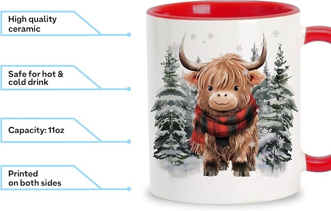 Hyturtle Personalized Winter Highland Cow Coffee Mug for Christmas Birthday | Highland Cow Lovers Gift Ideas for Women Men - 11oz Two Tone Color Red/White Ceramic Tea Mug Cup, Comfort grip handle - Image 3