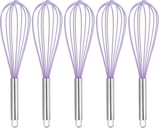 HARFINGTON 5Pcs Silicone Whisk 12" Kitchen Whisk Wire Whisks Beater with Stainless Steel Handle for Egg Milk Whisking Blending Beating & Stirring, Purple