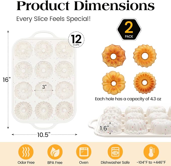 Vinino 3 Inch Mini Fluted Cake Pan, 2 Pack with Metal Frame | 4 Shapes 12 Cavity Mini Cake Mold Set for Batch Baking, Flan, Jello, Pudding, Brownies & Desserts - Image 3