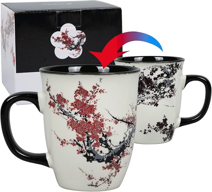 Color Changing Heat Sensitive Magic Funny Art Mug Large Coffee Tea Plum Blossom Porcelain Mugs for Women Mom grandma Gifts 16oz Black Change Glow Red Cups - Image 3