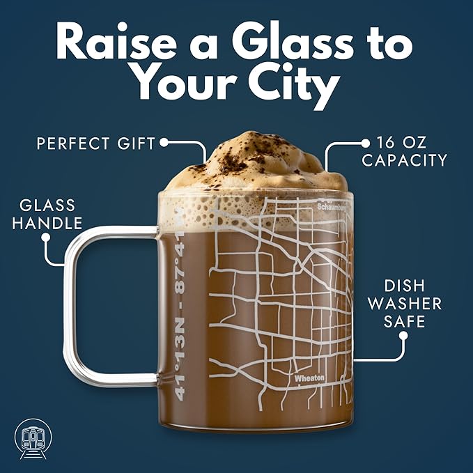 Greenline Goods – Chicago, IL Map Glass Coffee Mugs (Set of 2), 16 oz – Etched Wrap Design
