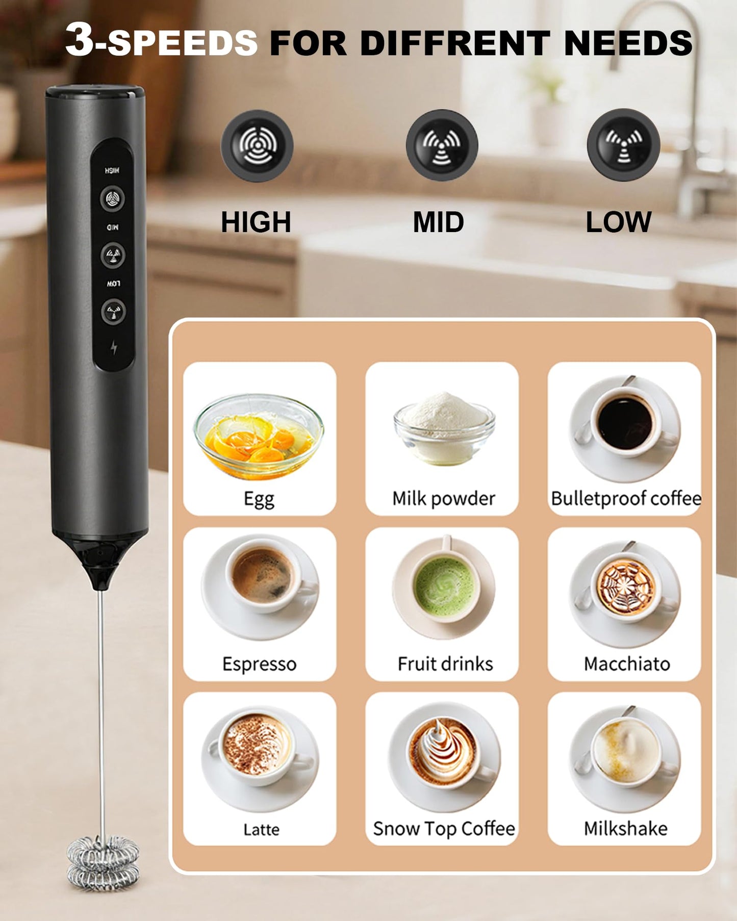 Rechargeable 3-Speed Milk Frother Wand (Black)