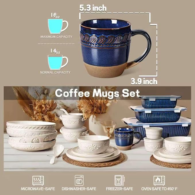 Artena Ceramic Coffee Mugs Set of 4, 16oz Embossed Large Latte Mugs Coffee Cups with Handle for Tea, Latte, Cappuccino & Cocoa, Milk Dishwasher & Microwave Safe, Blue (Willow Leaf) - Image 6