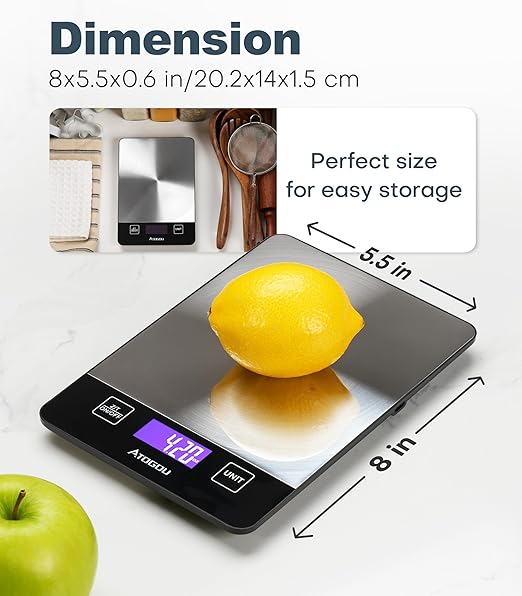 Atogou 1g/ 33lb Food Scale, Rechargeable Kitchen Scale with Full-View Backlit LCD Display, Stainless Steel Surface, USB Charging or AAA Batteries (not Included), for Baking, Cooking, Food Grey
