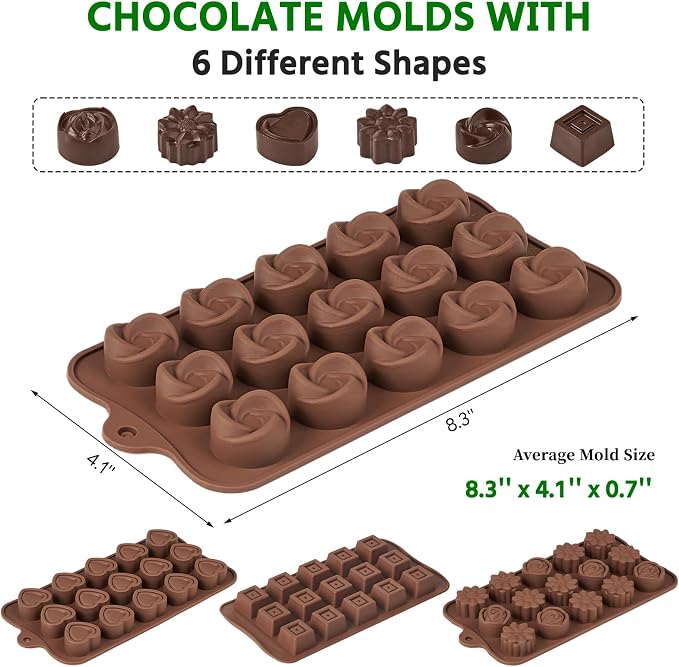 Puyeipt Mini Silicone Chocolate Molds, 2 Pack, 60 Cavities | Non-Stick Candy Molds, Bite Size Chocolates, Candies, Truffles, Gummies, Jelly, Heart, Sunflower, Rose, Square, Swirl Shaped - Image 2