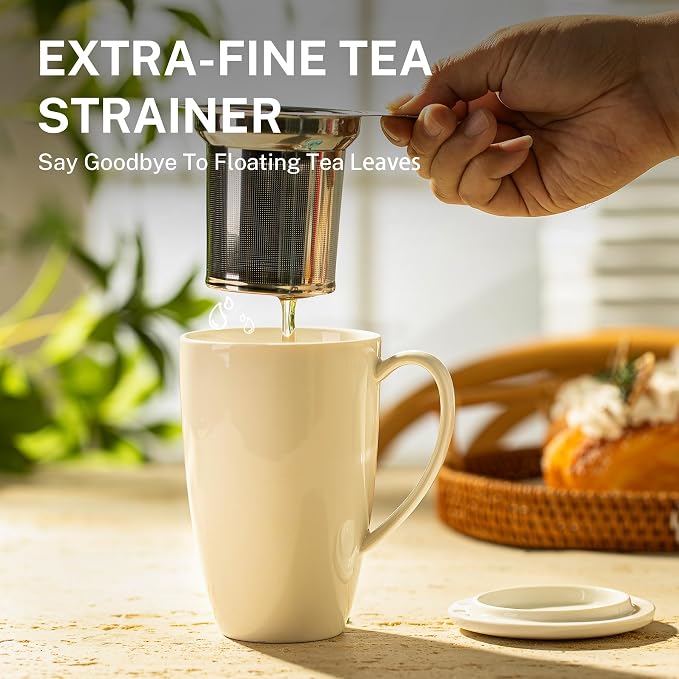 Sweese 15oz Porcelain Tea Mug with Infuser and Lid – Microwave Safe, Ergonomic Handle, Lead-Free Glaze, for Loose Leaf Tea White; - Image 4
