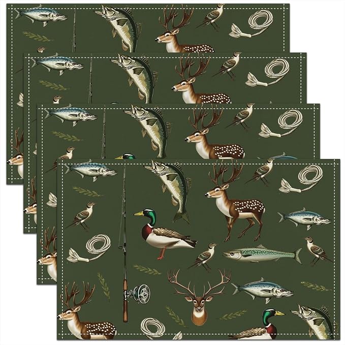 Feelyou Hunting and Fishing Placemats Set of 4 Big Bass Pike Fish Table Mats for Party Kitchen Dining Decoration Deer Hunting Place Mat for Table Holiday Decor Indoor Outdoor 18"x12" Non-Slip by Feelyou