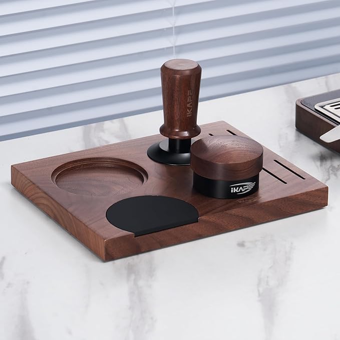 IKAPE 58MM Coffee Tamper Set 5 IN 1, Walnut Wood Espresso Tamper, Espresso Distributor, Tamper Base, Puck Screen, Cleaning Towel Set, Perfect for Everyday Use, Stylish, Functional Coffee Accessories