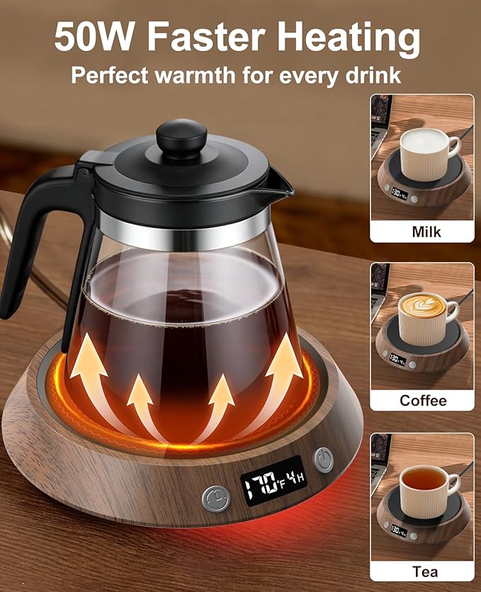 Kepwam Coffee Mug Warmer - 50W Electric Coffee Warmer for Desk 3 Temp Settings & 2-9 Timer Smart Cup Warmer for Desk Candle Warmer Plate with LED Lights Beverage Tea Milk Warmer for Home & Office - Image 5