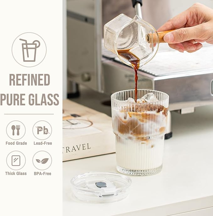 SoulTimes 13oz Ribbed Glass Tumbler with Lid and Straw – Iced Coffee Glasses Cups for Smoothie, Matcha, Juice, Water etc. Leakproof and Reusable Glassware Drinking for Travel To Go 【2 Pack】 - Image 4