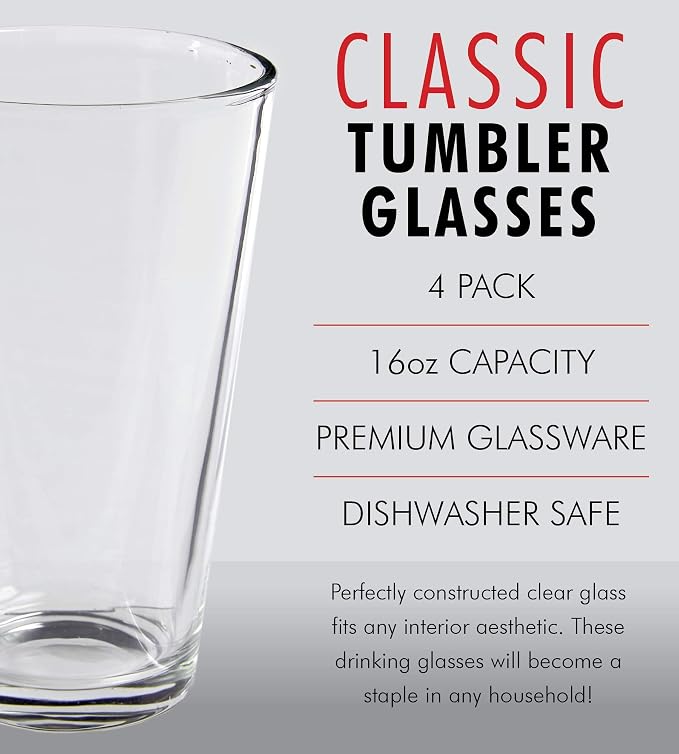 Kitchen Lux Pint Beer Glasses Set of 4 (16oz) Tall Clear Drinking Glasses | All Purpose Beer Glass Set – Heavy Base for Ale, Cocktail, Water, Juice – Pub Style Design For Home Dining, Bars, and Parties - Image 3