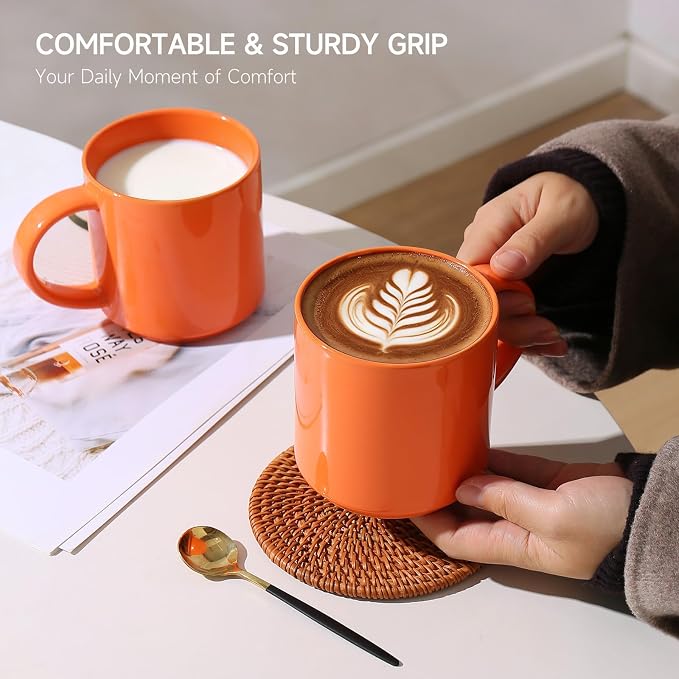 Coffee Mugs Set of 4, Stoneware Coffee Cups with Comfortable Handle, 16oz Ceramic Mugs for Kitchen & Office, Dishwasher & Microwave Safe - Orange - Image 4
