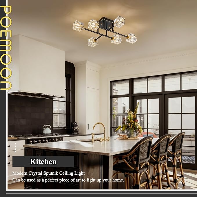24" Black and Gold Crystal Semi Flush Mount Ceiling Light Modern 6-Light Sputnik Chandelier Luxury Light Fixture for Kitchen Island Entryway Dining Room Living Room - Image 7