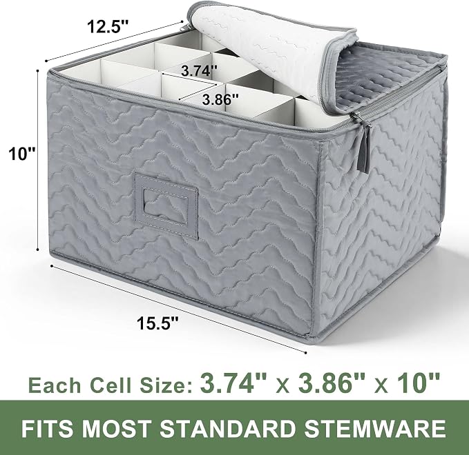 LotFancy Stemware Storage Container - Deluxe Quilted Storage Case with Dividers for 12 - Wine Glasses, Champagne Flutes, Glassware, Drinkware Storage Box Chest, 15.5"x12.5"x 10", Gray - Image 5