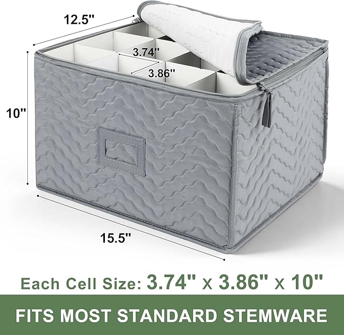 LotFancy Stemware Storage Containers, 2-Pack, Deluxe Quilted Storage Case with Dividers for 24 - Wine Glasses, Champagne Flutes, Glassware, Drinkware Storage Box Chest, 15.5”x12.5”x 10”, Gray - Image 3