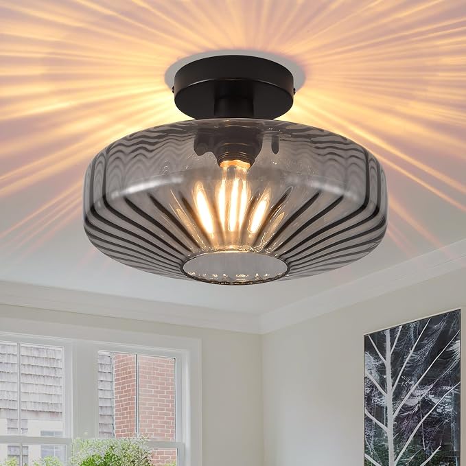 Semi Flush Mount Ceiling Light, 11.8 Inch Smoke Grey Glass Ceiling Light Fixture, Farmhouse Hallway Lighting Fixtures for Kitchen, Foyer, Bedroom, Bathroom, Dining room, E26 Base (Bulb Not Included) by Unknown