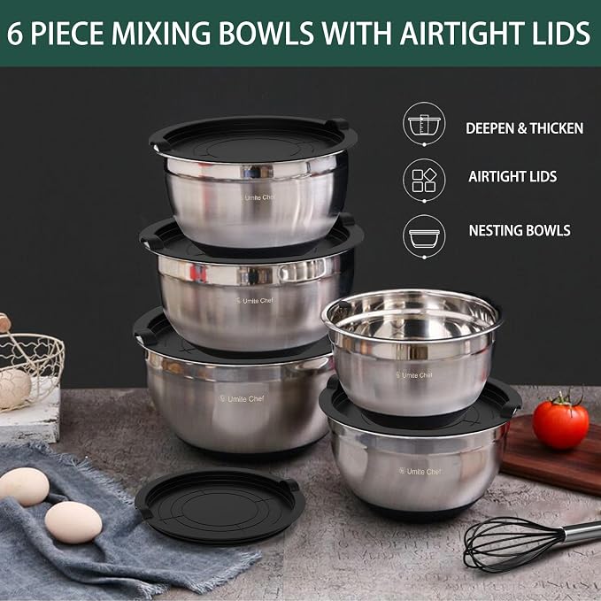Umite Chef Mixing Bowls with Airtight Lids，6 piece Stainless Steel Metal Nesting Storage Bowls, Non-Slip Bottoms Size 7, 3.5, 2.5, 2.0,1.5, 1QT, Great for Mixing & Serving(Black) - Image 6