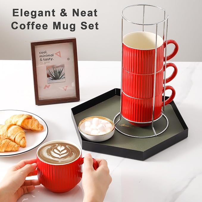 HASENSE Red Coffee Mugs, 15 oz Stackable Coffee Cups Set of 4 with Rack - Ceramic Large Ribbed Modern Latte Cup Set for Cappuccino, Tea, Hot Cocoa, Drinks - Dishwasher & Microwave Safe - Image 5