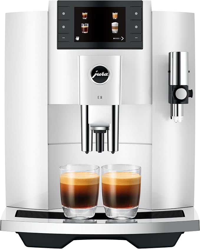 Jura E8 Piano White 15683 | E8 Coffee Machine in, Relevant information is shown in the cockpit, Between preparations by Unknown
