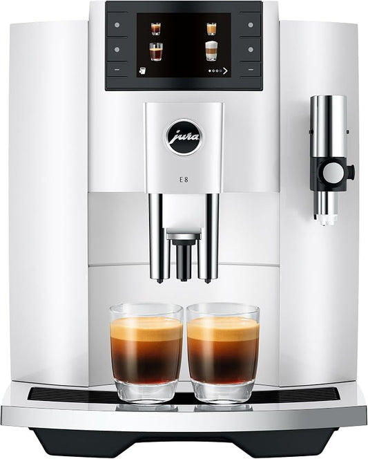 Jura E8 Piano White 15683 | E8 Coffee Machine in, Relevant information is shown in the cockpit, Between preparations by Unknown