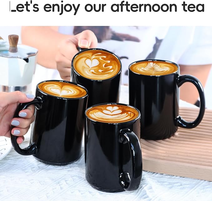 16 OZ Coffee Mugs, Classic Blank Ceramic Cup with Large Handle for Tea Latte Cappuccino, Set of 4, Black - Image 2
