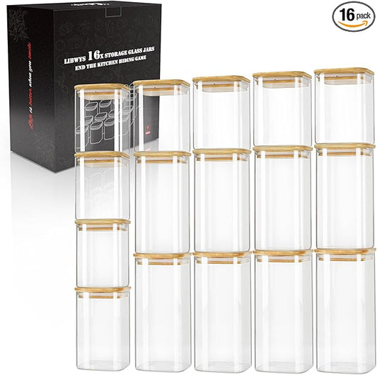LIBWYS 16-Pack Square Glass Storage Jars with Bamboo Lids (0.6Qt/1.06Qt) | Stackable Dry Food Containers for Pantry Organization, Coffee, Flour, Snacks, Tea, Pasta, Spaghetti | Kitchen Canisters Set by LIBWYS