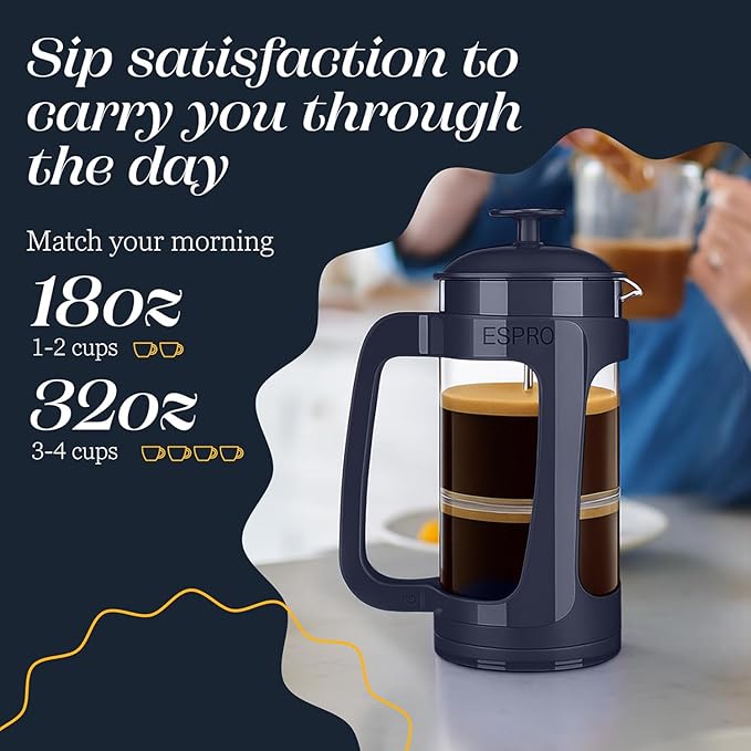 ESPRO P3 French Press Coffee Maker – Patented Double Micro-Filter for Grit-Free Brew, Heat Resistant thicker Borosilicate Glass Coffee press – Blue (32 oz)