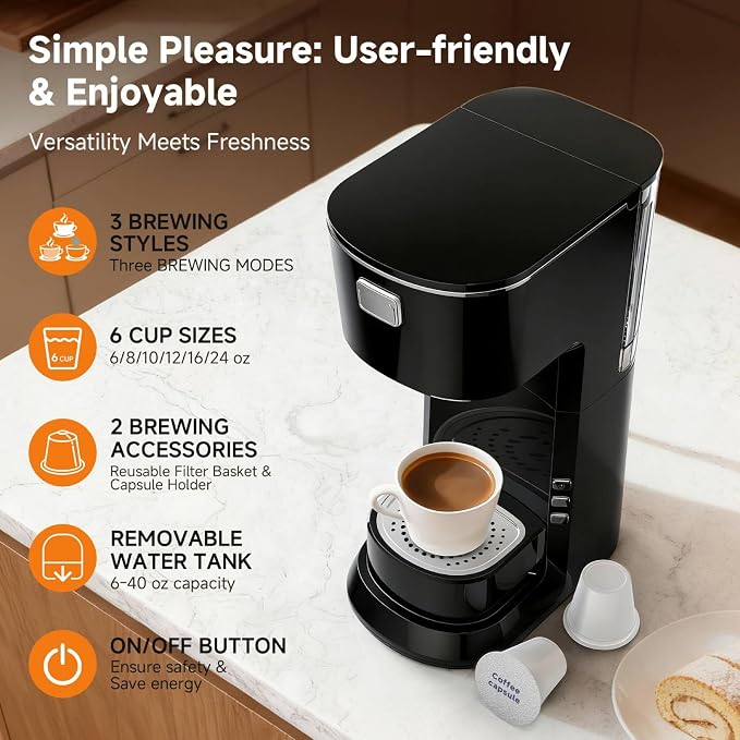 Coffee Maker, 2 in 1 Single Serve Brewer Compatible with K Pods & Ground for Men and Women, 6-24oz and 2-4 Mins Rapid Brew, Compact Coffee Machine for Kitchen Office RV Camping-Black - Image 2