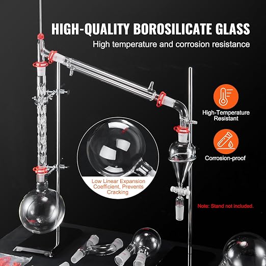 VEVOR Lab Distillation Kit, 3.3 Boro Lab Glassware Distillation Kit with 24, 40 Joint, 1000ml Essential Oil Distillation Apparatus Kit, 29 pcs Set of Glassware Equipment - Image 3