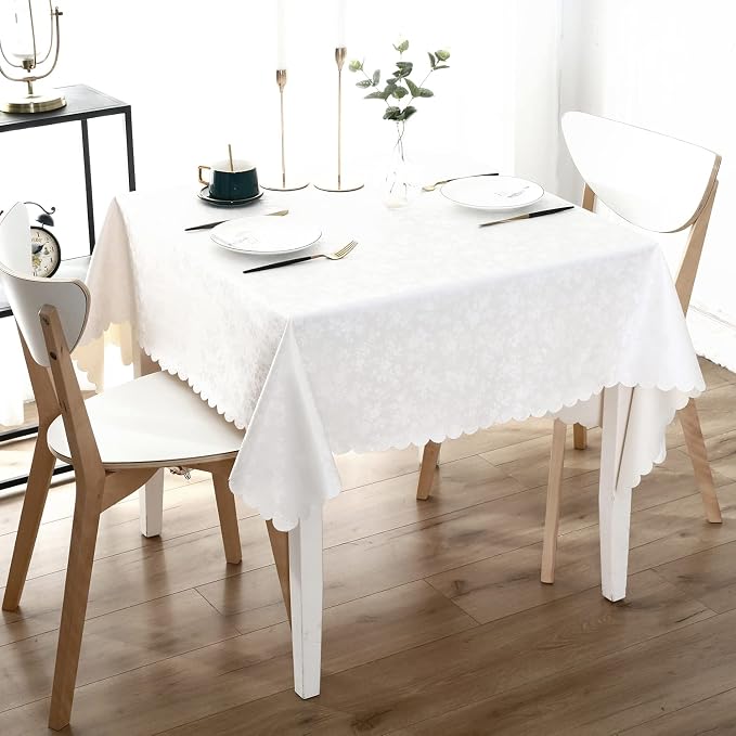 Smiry Square Waterproof Heavy Duty Vinyl Tablecloths, 54 x 54 Inch | Wipeable Washable Floral Embossed Table Cover for Kitchen and Dining Room, Indoor & Outdoor Use, White - Image 2