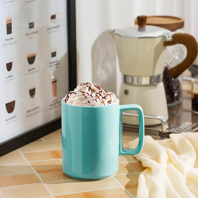 E-liu Large 15 Ounces Porcelain Coffee Mug Tea Mugs Set of 6 | Cups for Coffee, Tea, Cocoa, and Mulled Drinks , Dishwasher & Microwave Safe Gift Sets, Turquoise - Image 8