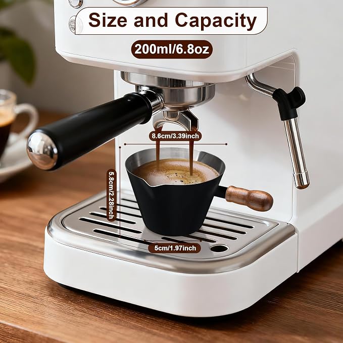 Amrules Espresso Cup, 6.8 oz/200 ml Stainless Steel Coffee Shot Measuring Cup with Wood Handle, Double V-Shaped Mouth and Clear Scale for Cappuccino Barista Coffee Bar Accessories, Black - Image 2