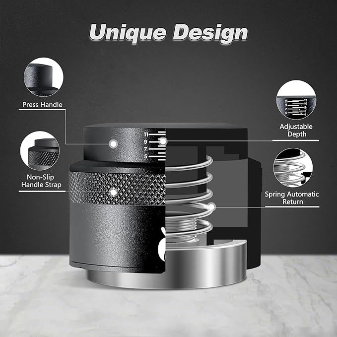 Espresso Tamper 53mm, Adjustable Depth Coffee Tamper with Calibrated Spring Loaded, 304 Stainless Steel Palm Tamper Tool, fits 53mm Portafilter Basket (Black)