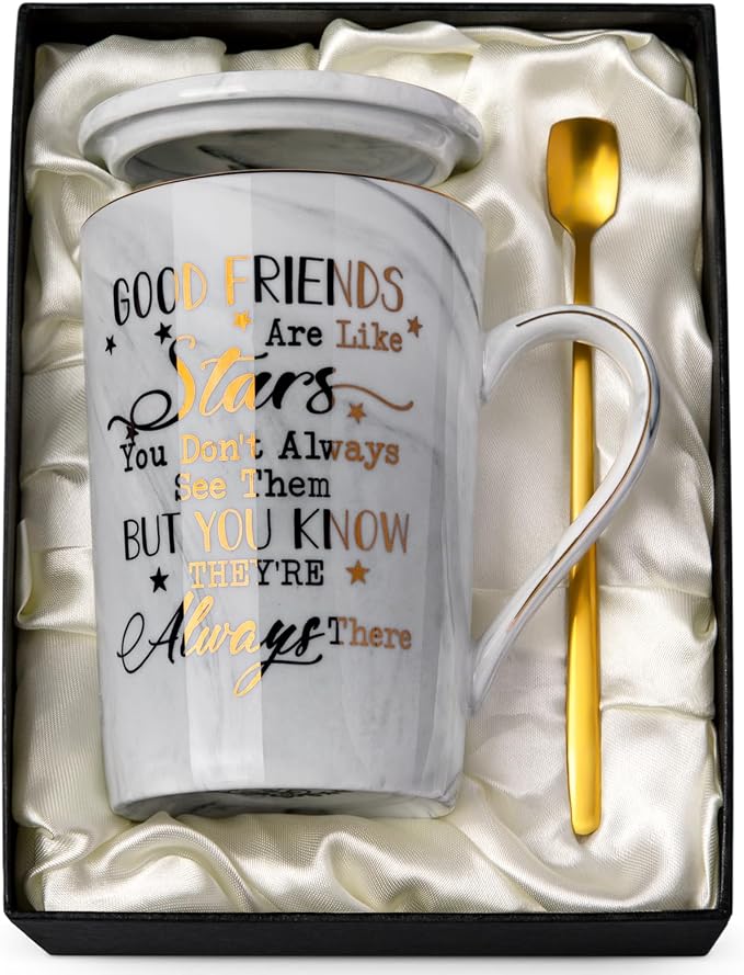 Best Friend Birthday Gifts for Women, Friendship Gifts for Women, 14 Oz Mug | Grey Ceramic Marble Coffee Mug with Spoon, Lid, Card, Gift Box, Perfect Birthday Present for Her, Friend, BFF, Bestie, Sister by Biching